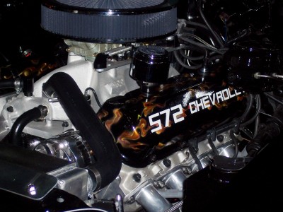 1972 Ford Ranchero - Close-up of a Chevrolet 572 engine, flame graphics on the valve covers and a chrome air filter.