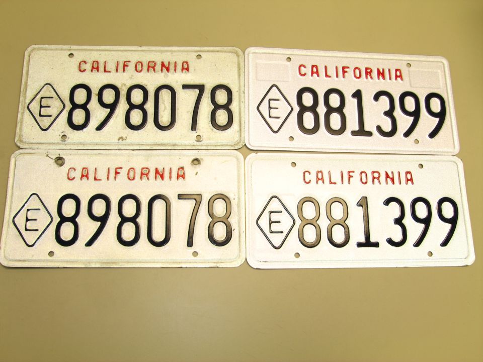 Four California license plates with numbers 898078 and 881399 and an E diamond