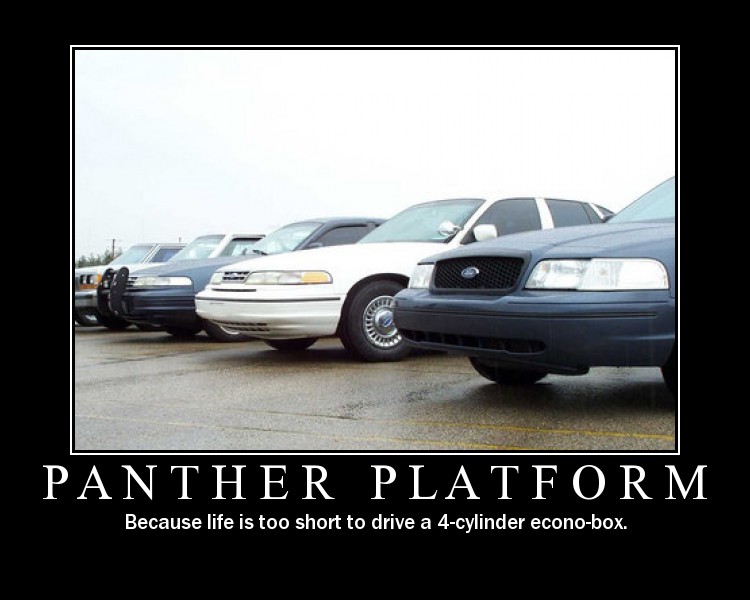 Poster of Ford Panther sedans lined up in a lot, dark blue Crown Victoria in front