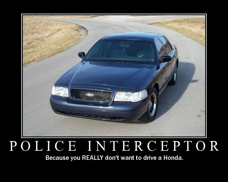 Dark Ford Crown Victoria sedan, front 3/4 view, in a demotivational poster