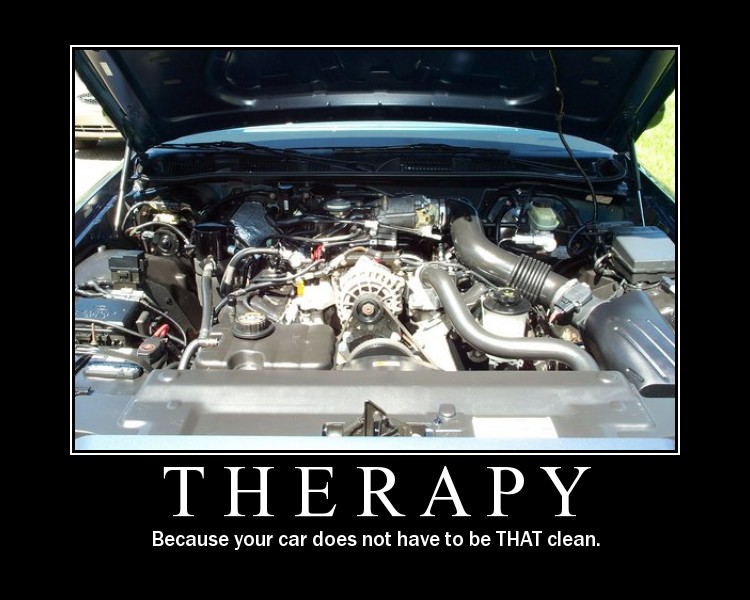 Engine bay photo in a black motivational poster reading THERAPY
