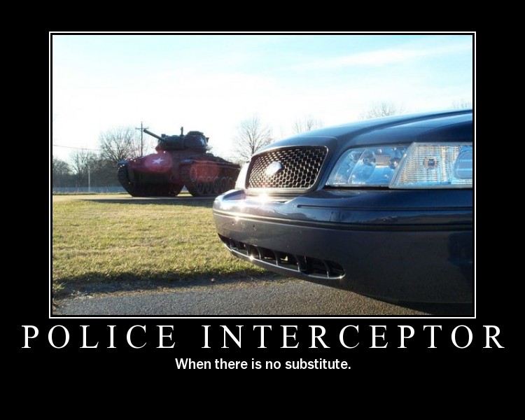 Dark Crown Victoria front close-up with a tank behind it, motivational poster style