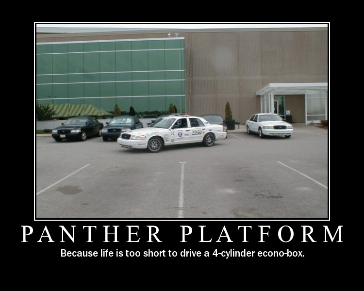 Demotivational poster of Ford Crown Victoria sedans, including a white police car, in a parking lot