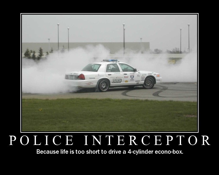 White Crown Victoria with decals doing a smoky burnout, motivational poster caption