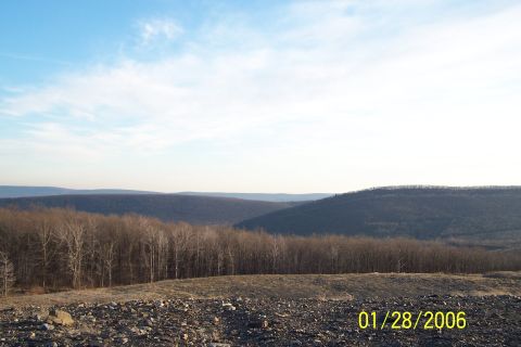 1979 Ford Bronco - A wide view of a hilly landscape with a rocky foreground and a line of bare trees.