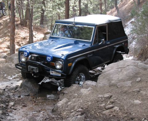 1981 Ford Bronco - A blue Ford Bronco tackles a challenging rocky trail in a wooded area.