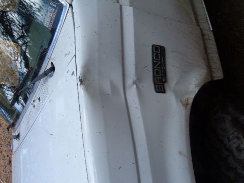 1993 Ford Bronco - A white 1993 Ford Bronco shows damage to its front fender, with the 'Bronco Custom' badge still visible.