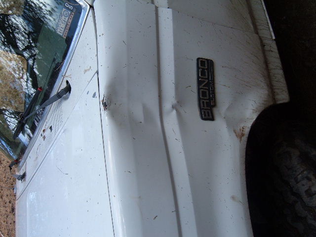 White 1993 Ford Bronco with dented fender and 'Bronco Custom' badge