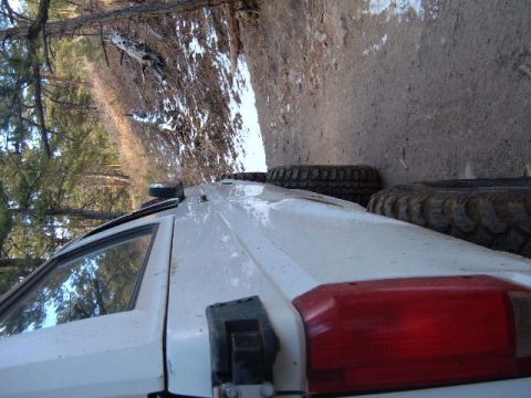 1993 Ford Bronco - A white SUV is parked with large off-road tires stacked behind it on a dirt path.