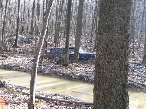 1995 Ford Bronco - A dark blue SUV is stuck in a muddy, water-filled ditch within a dense forest.