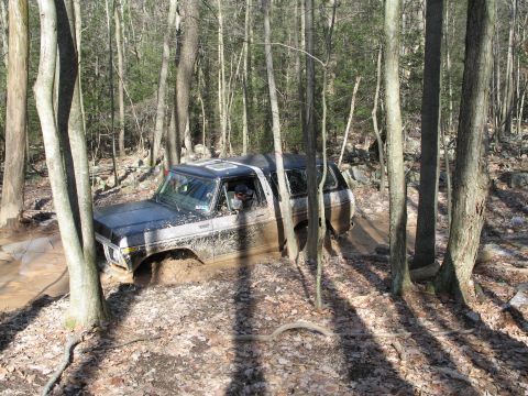 1995 Ford Bronco - This classic Ford Bronco is navigating a muddy trail through a dense forest.