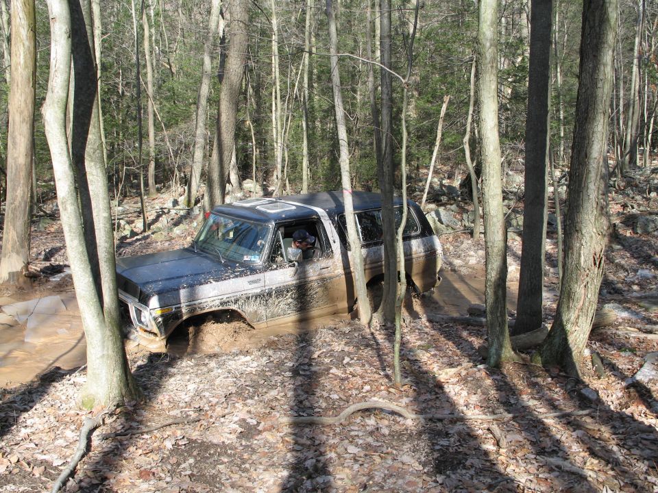 Ford Bronco stuck in mud on a wooded trail. Driver is visible