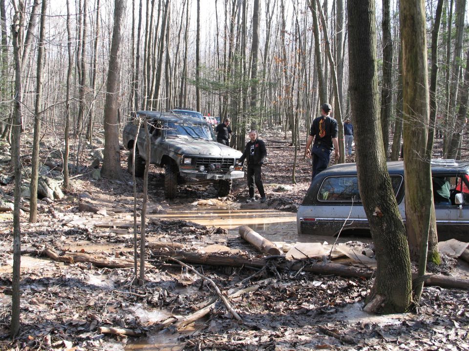 Two off-road vehicles stuck in mud on a forest trail. One is a dark SUV, the other is a station wagon