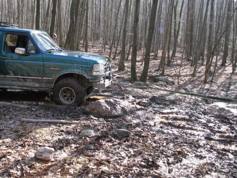 1995 Ford Bronco - A green 1995 Ford Bronco tackles a challenging muddy path through a dense forest.