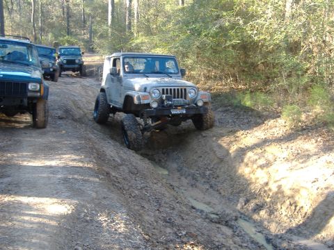 1999 Jeep Wrangler - Several Jeeps, including a silver 1999 Wrangler, tackle a challenging muddy trail in a wooded area.