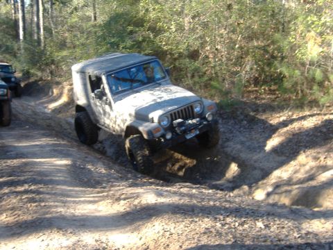 1999 Jeep Wrangler - A Jeep Wrangler drives through a muddy off-road course with trees in the background.