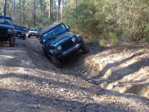 1999 Jeep Wrangler - Several Jeeps are off-roading on a muddy trail in a wooded area.