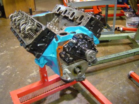 1979 Ford Bronco - Engine block assembly on a stand, likely undergoing a rebuild or modification.