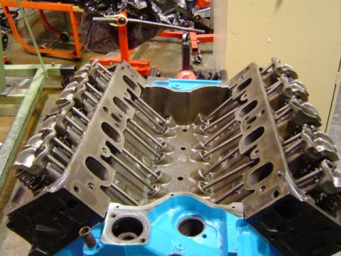 1979 Ford Bronco - Close-up view of an engine block with internal components exposed, likely during a rebuild or assembly process.