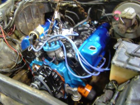 1979 Ford Bronco - Engine components, including blue valve covers and a distributor, are visible in this engine bay shot.