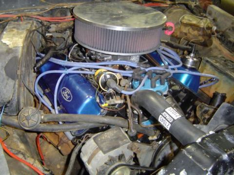 1979 Ford Bronco - Close-up view of a Ford engine, showing blue valve covers and various engine components.