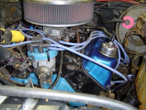 1979 Ford Bronco - Close-up view of an engine bay blue valve covers, a prominent air filter, and a distributor with spark plug wires.