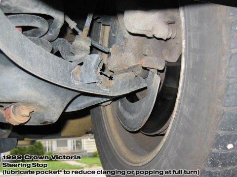 2000 Ford Crown Victoria - Close-up view of the steering stop mechanism on a 1999 Ford Crown Victoria, showing signs of wear and rust.