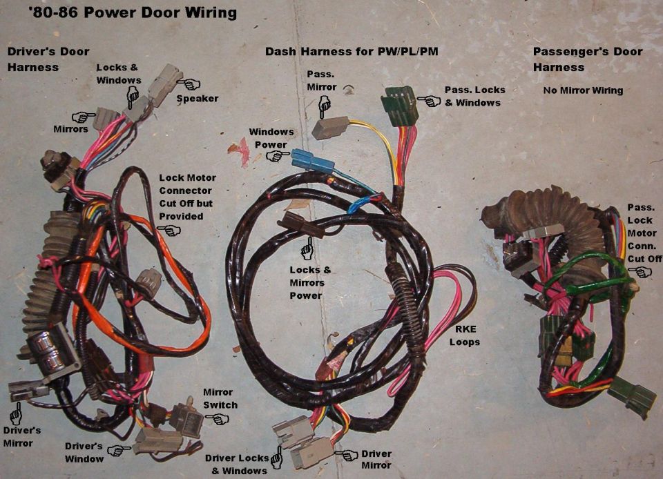 1980-86 Ford truck power door wiring harnesses labeled driver, dash and passenger for windows locks mirrors
