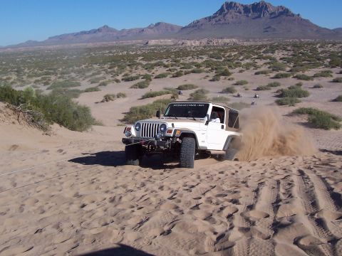 1981 Ford F-150 - A Jeep Wrangler navigates a sandy terrain, kicking up a cloud of dust as it goes.