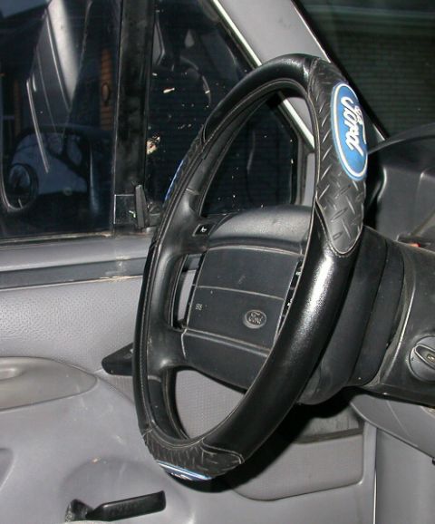 1996 Ford Bronco - Close-up of a Ford steering wheel and interior door panel, a Ford logo on the wheel cover.