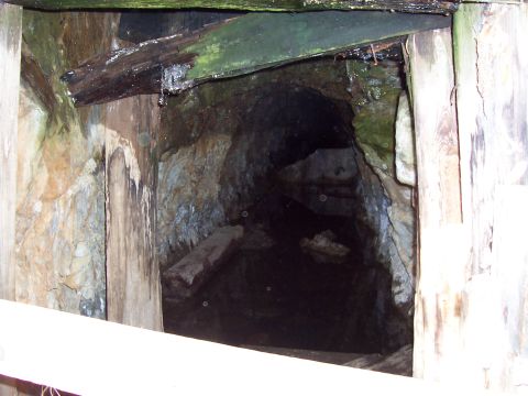 1981 Ford F-150 - The entrance to a dark mine shaft shows signs of decay and water damage.