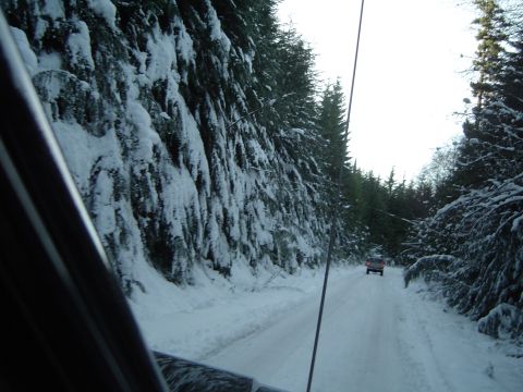 1989 Ford Bronco - Driving through a snowy forest road with another vehicle in the distance.