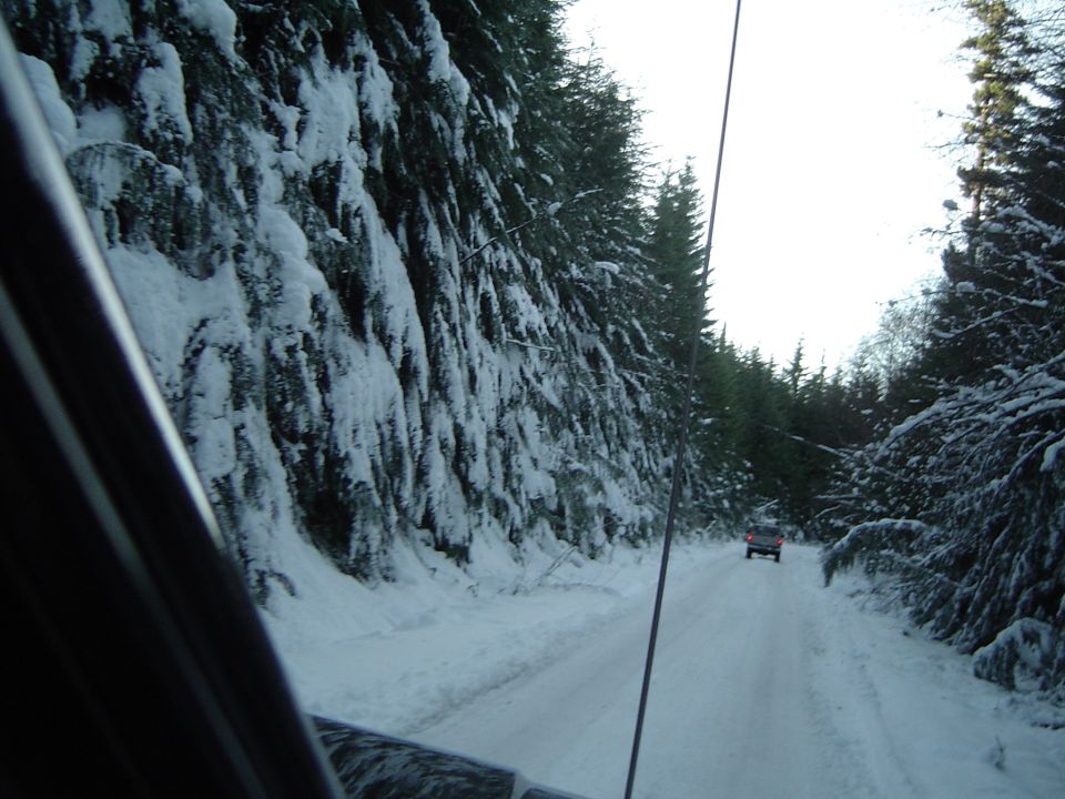 Windshield view of a snowy forest road with a dark SUV ahead, brake lights lit