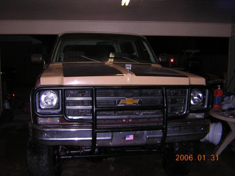1986 Chevrolet Blazer - Front view of a Chevrolet K5 Blazer, likely from the early to mid-1970s, with a brush guard.