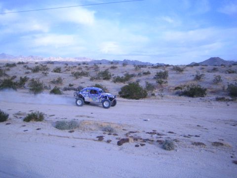 Blue desert race buggy with numbers speeding across sandy terrain