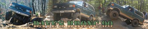 1996 Ford Bronco - Multiple Ford Broncos navigate a rocky off-road trail, with the text "DAVE'S BRONC 90" overlaid on the image.