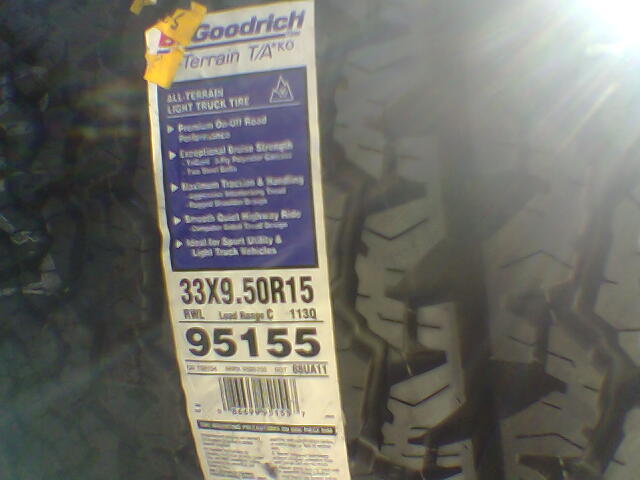 BFGoodrich All-Terrain T/A KO tire label reading 33X9.50R15, load range C