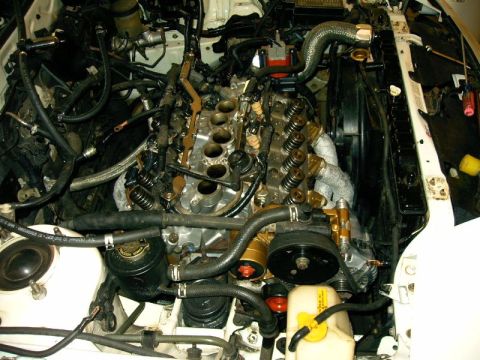 1992 Ford Probe - Close-up view of a V6 engine bay, showing intricate hoses, wiring, and engine components.