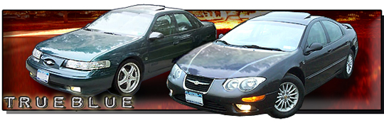 TRUEBLUE banner graphic with two dark Chrysler sedans on a flame background