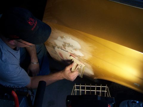 1973 Ford Ranchero - Hand sanding glazing putty over bondo. Had to fill in some gaps with the mud.