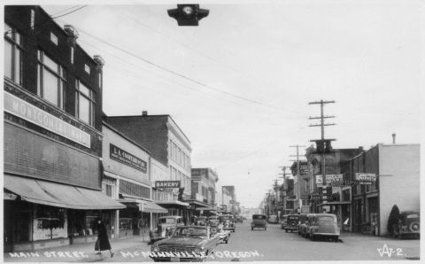 1979 Ford Ranchero - A view down Main Street in McMinnville, Oregon, shows a variety of vehicles and storefronts from an earlier era.