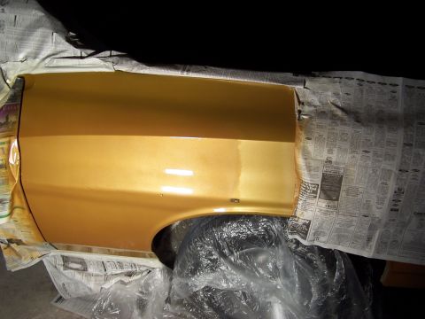 1973 Ford Ranchero - Final pass of 2nd clear coat on dent site. Dent 99% repaired. PPG Colorado Gold not color matched well enough. I like the new color so much…