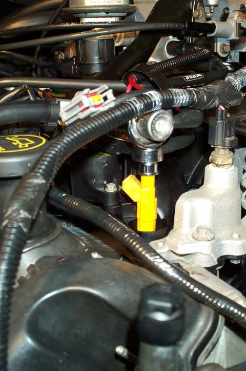 1998 Ford Crown Victoria - Close-up view of engine components, focusing on a yellow fuel injector and associated plumbing.