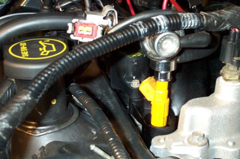 1998 Ford Crown Victoria - Close-up view of yellow fuel injectors and associated engine parts.