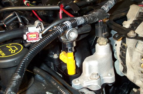 1998 Ford Crown Victoria - Engine bay detail showing a fuel injector and fuel pressure regulator, with an oil cap in view.