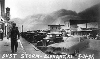 1979 Ford Ranchero - A severe dust storm blankets a town, with vehicles parked along the roadside.