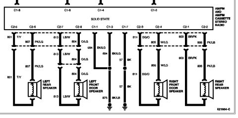 1996 Ford Bronco - This diagram illustrates the wiring for the left and right front and rear speakers connected to a solid state stereo radio.