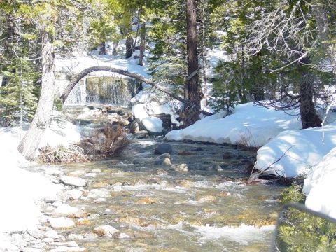 1986 Ford Bronco - A scenic winter landscape features a flowing stream and a waterfall surrounded by snow-covered trees.