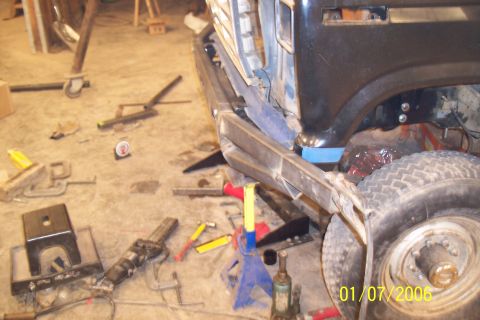1986 Ford F-250 - Custom bumper fabrication in progress on a 1986 Ford F-250 truck frame.
