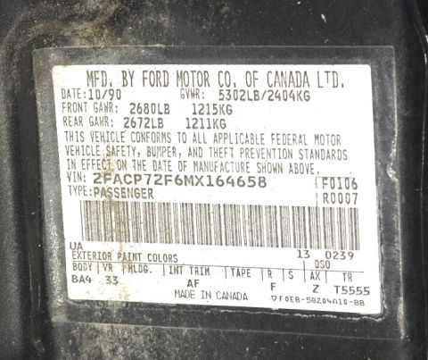 1991 Ford Crown Victoria - This vehicle identification label shows a manufacturing date of October 1990.